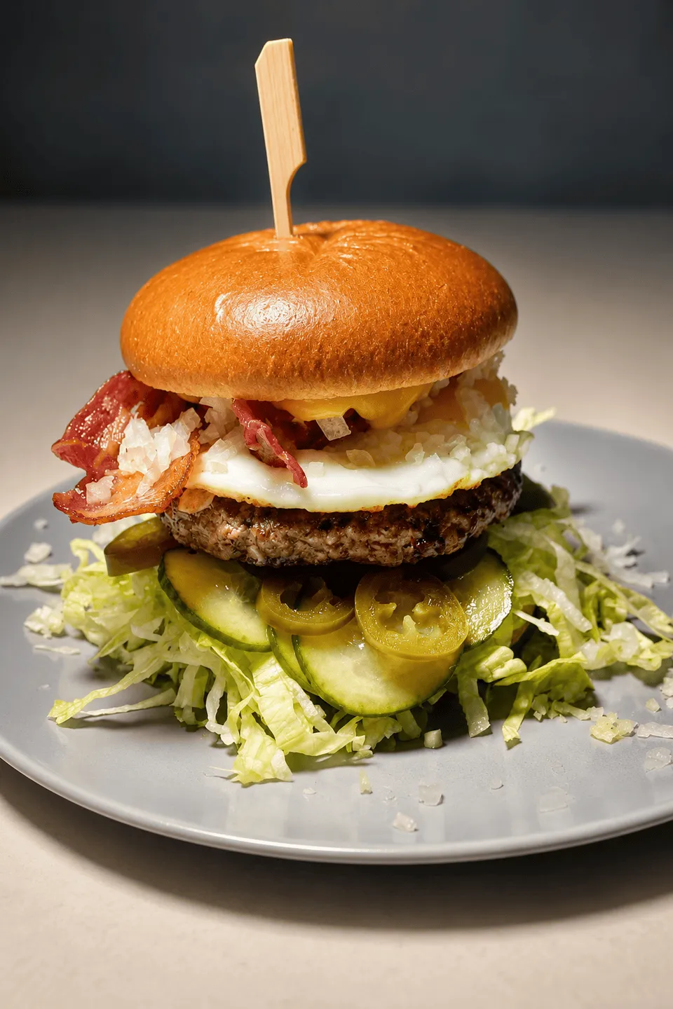 Burger med bacon og spejlæg